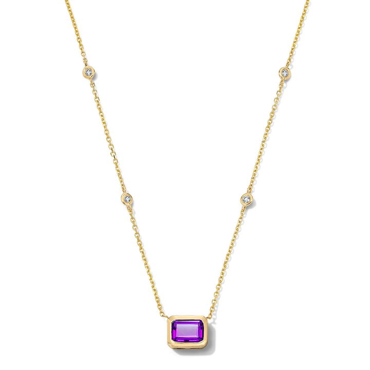 Amethyst & Diamond Bezel Necklace In Yellow Gold 14K