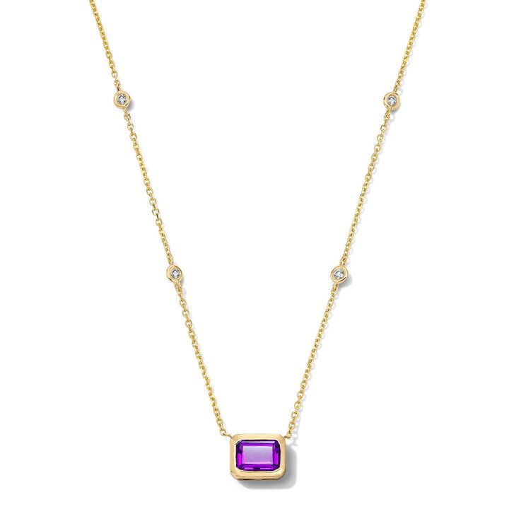 Amethyst & Diamond Bezel Necklace In Solid 14K Yellow Gold