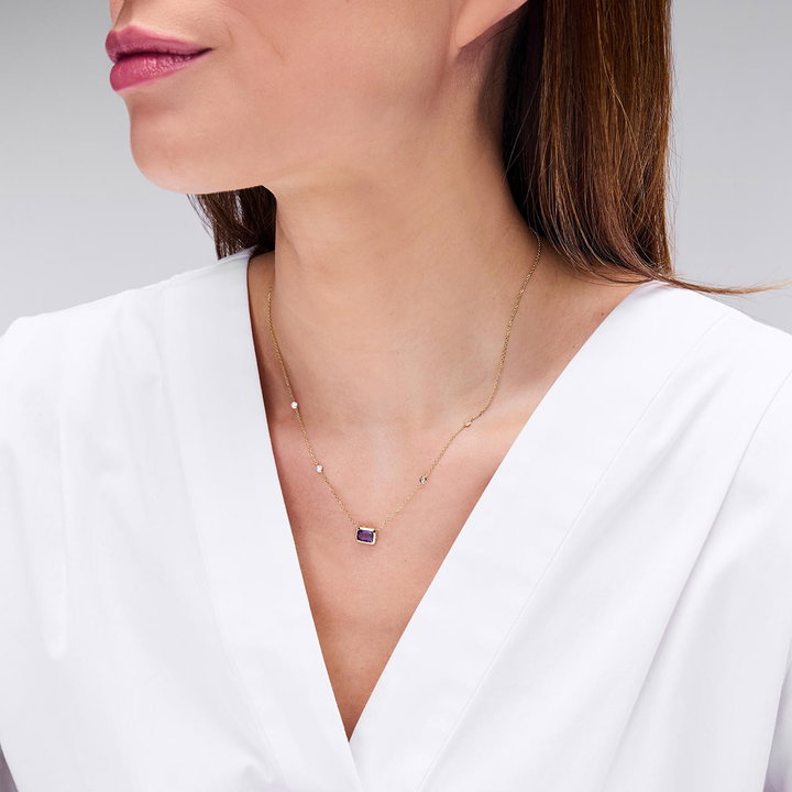Amethyst & Diamond Bezel Necklace In Solid 14K Yellow Gold
