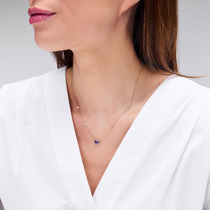 Amethyst & Diamond Bezel Necklace In Yellow Gold 14K
