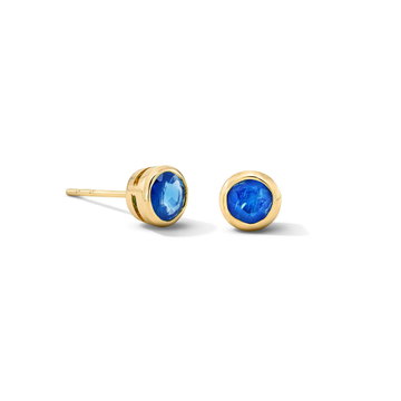 Blue Sapphire Round Bezel Stud Earrings In Solid 14K Yellow Gold