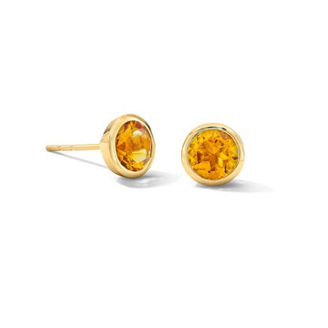 Citrine Round Bezel Stud Earrings In Solid 14K Yellow Gold