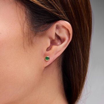 Green Emerald Round Bezel Stud Earrings In Solid 14K Yellow Gold