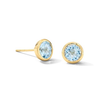 Aquamarine Round Bezel Stud Earrings In Solid 14K Yellow Gold