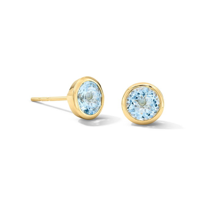 Aquamarine Round Bezel Stud Earrings In Solid 14K Yellow Gold