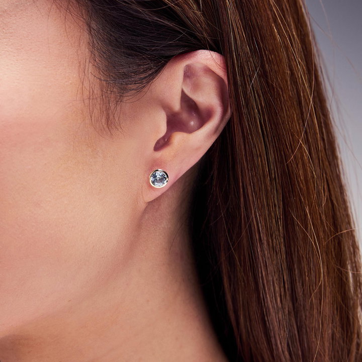 Aquamarine Round Bezel Stud Earrings In Solid 14K Yellow Gold