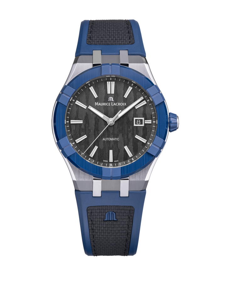 Maurice Lacroix Aikonic Auto 43 Black Carbon Dial Watch | Stainless Steel & Blue Ceramic