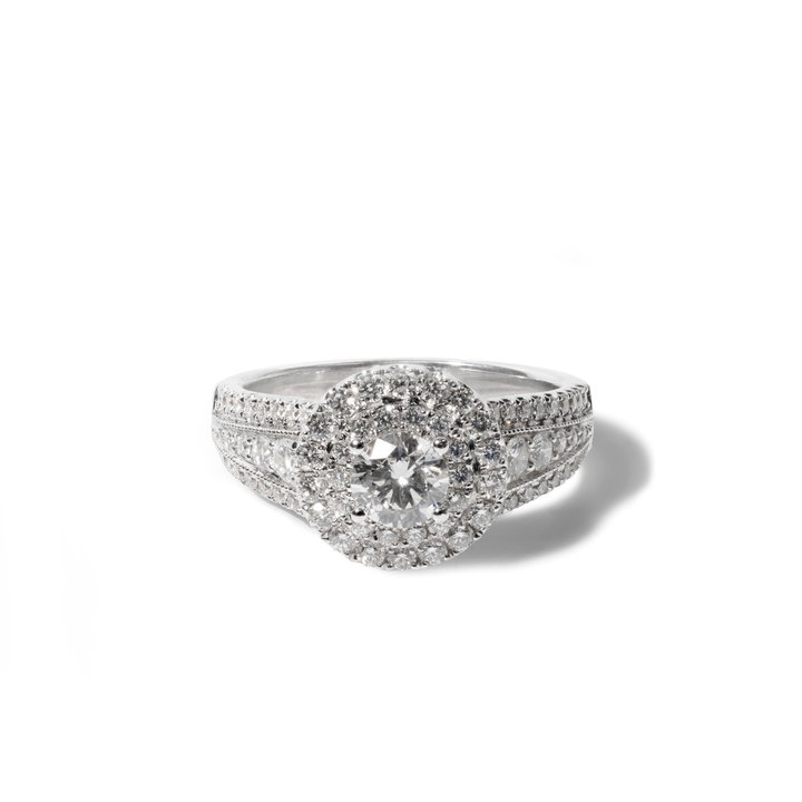 Round Halo Diamond Pave Split Engagement Ring In Solid 14K White Gold