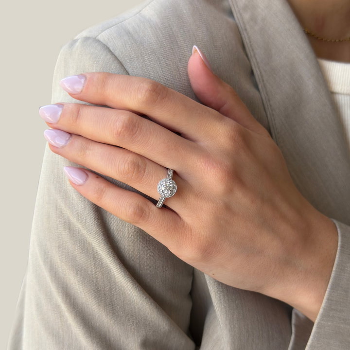 Round Diamond Halo Sculpted Engagement Ring In White Gold 14K