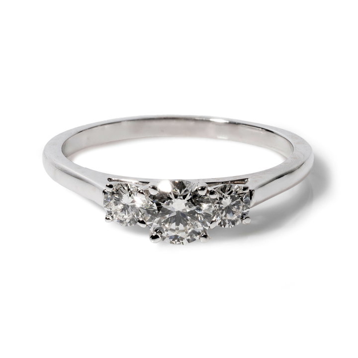Round Diamond Three Stone Engagement Ring In White Gold 14K