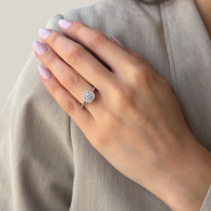 Round Diamond Cushion Halo Engagement Ring In White Gold 14K