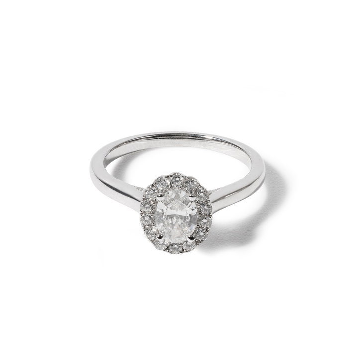 Oval Diamond Halo Pave Accented Engagement Ring In Solid 14K White Gold