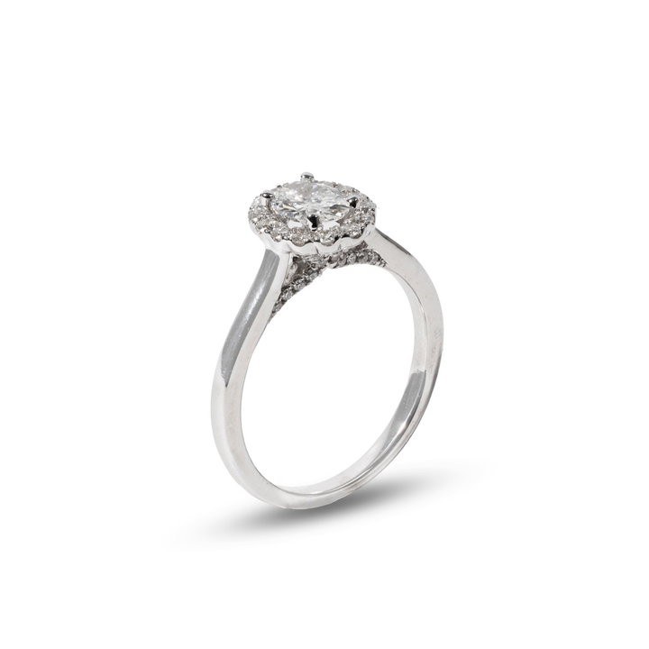 Oval Diamond Halo Pave Accented Engagement Ring In Solid 14K White Gold