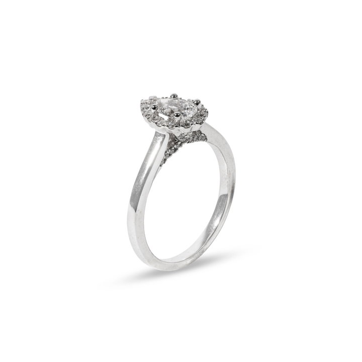 Pear Diamond Halo Pave Accented Engagement Ring In Solid 14K White Gold