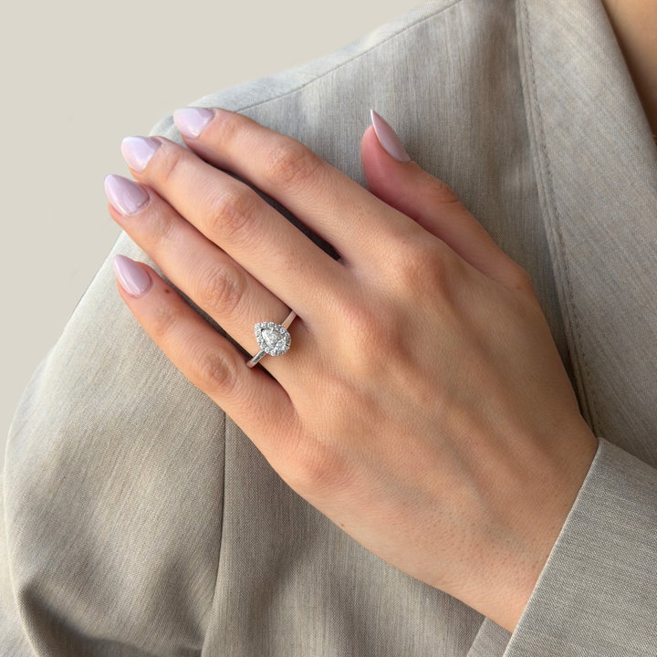 Pear Diamond Halo Pave Accented Engagement Ring In Solid 14K White Gold