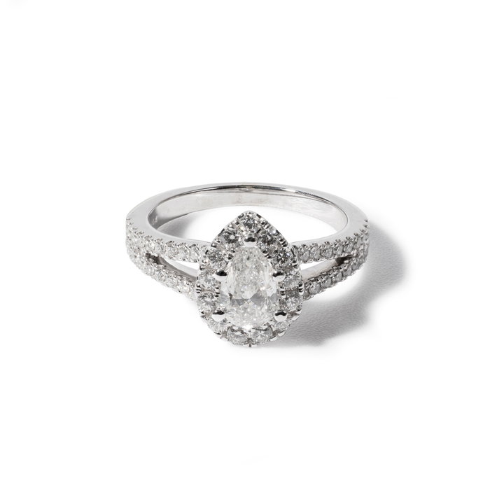 Pear Diamond Halo Split Engagement Ring