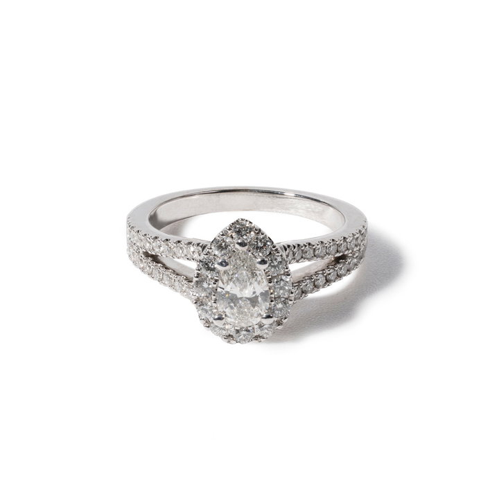 Pear Diamond Halo Split Engagement Ring In White Gold 14K