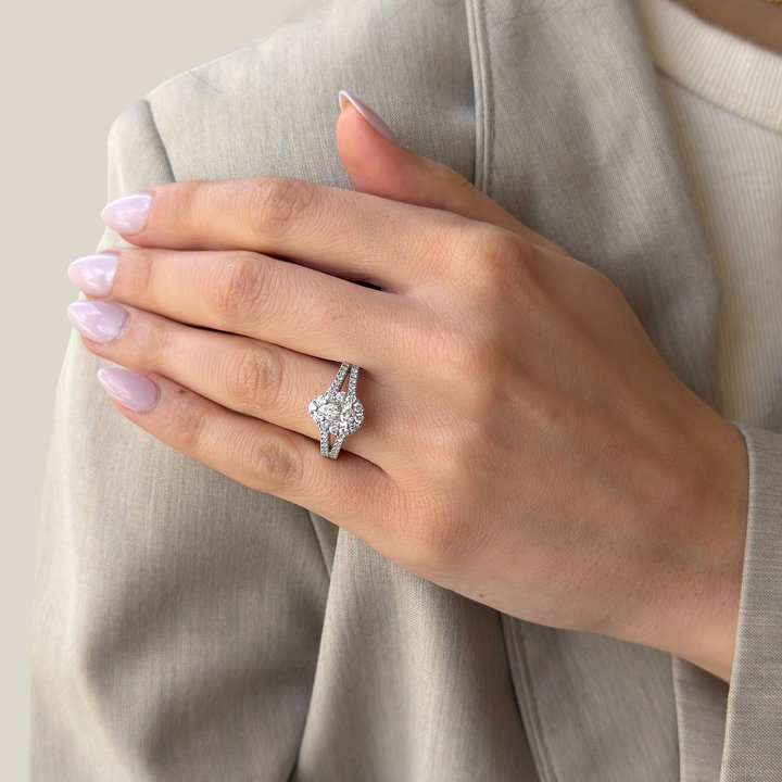 Pear Diamond Halo Split Engagement Ring In White Gold 14K