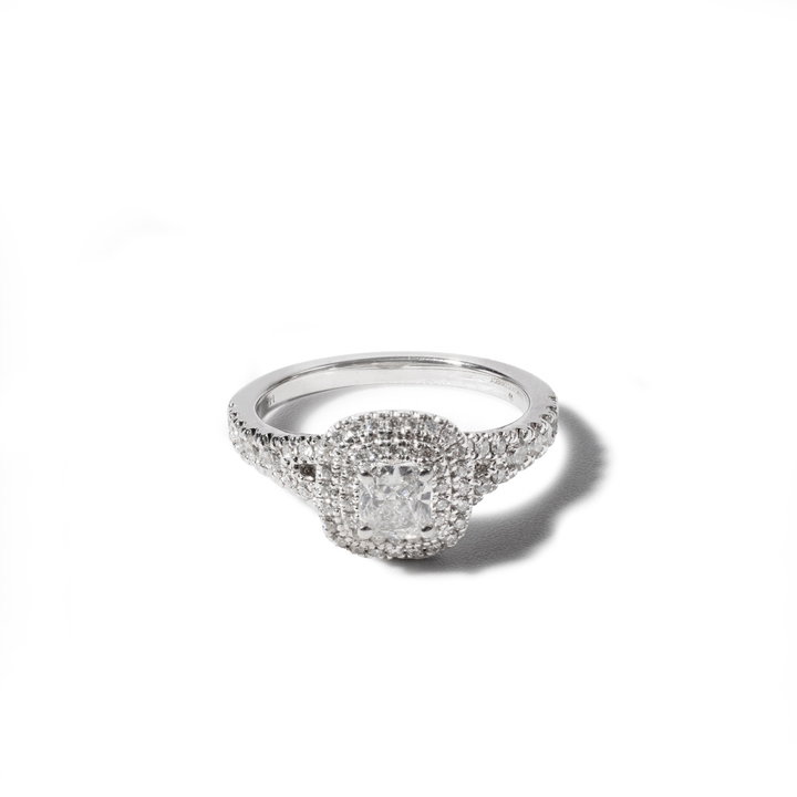 Cushion Double Halo Diamond Engagement Ring In White Gold 14K