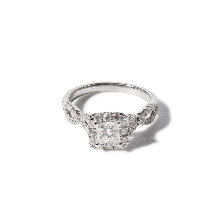 Princess Diamond Halo Petite Twist Engagement Ring In White Gold 14K