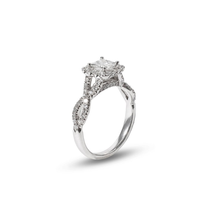Princess Diamond Halo Petite Twist Engagement Ring In White Gold 14K