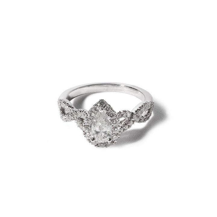 Pear Diamond Halo Petite Twist Engagement Ring In White Gold 14K