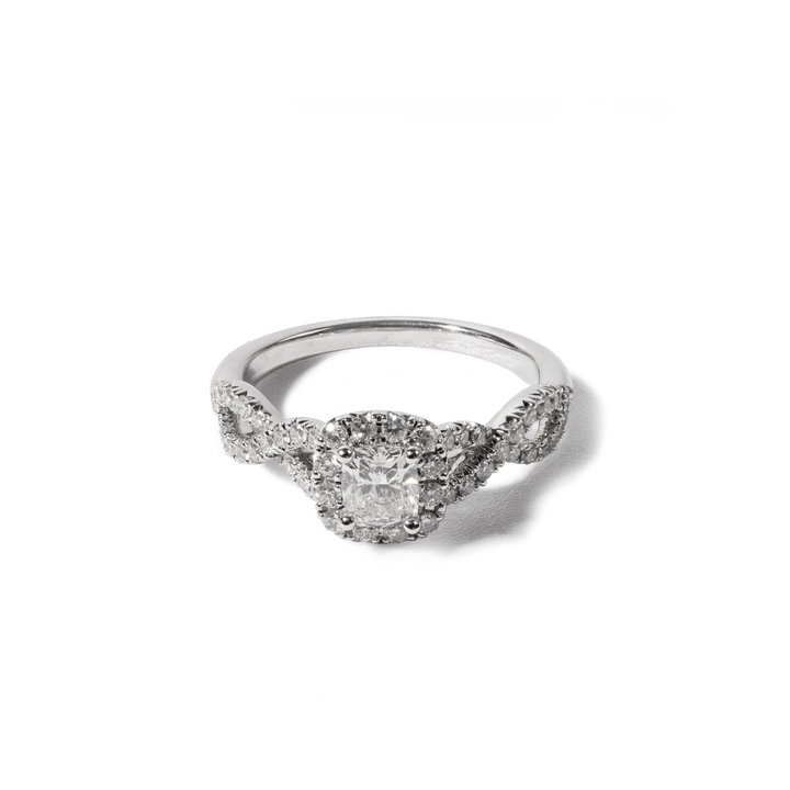 Cushion Diamond Halo Petite Twist Engagement Ring In White Gold 14K