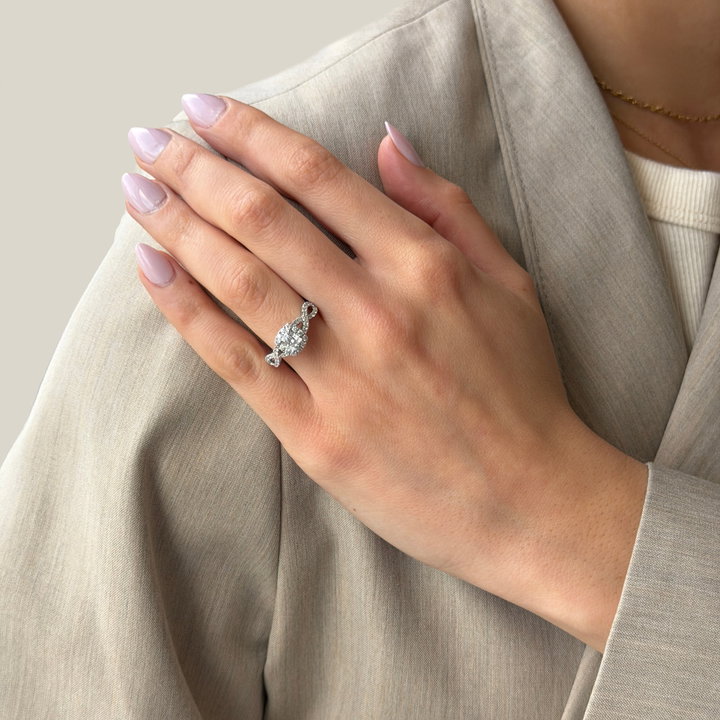 Cushion Diamond Halo Petite Twist Engagement Ring In White Gold 14K