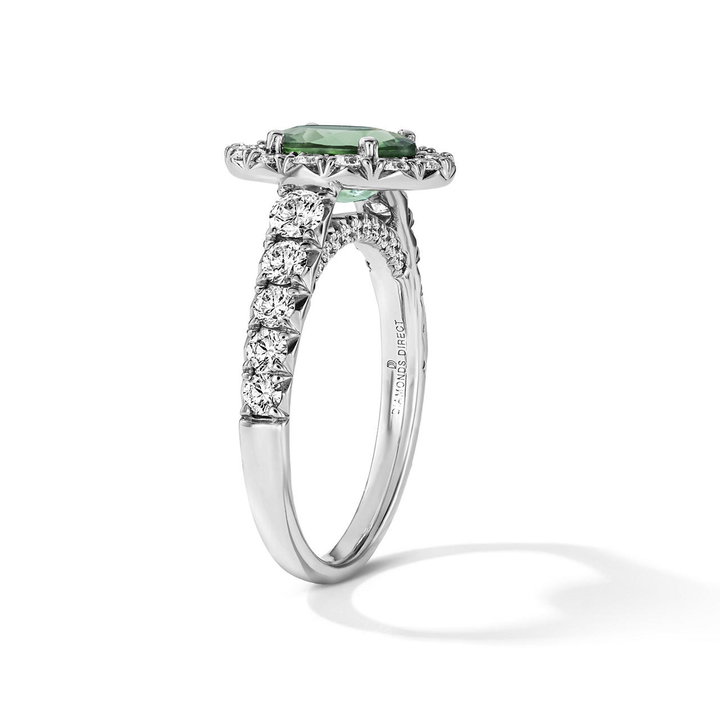 One of a Kind Oval Green Tourmaline Engagement Ring (1.20tw) In Solid 14K White Gold