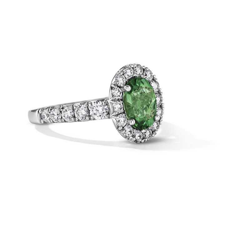 One of a Kind Oval Green Tourmaline Engagement Ring (1.20tw) In Solid 14K White Gold