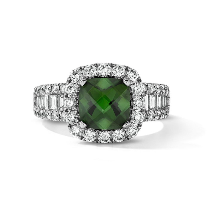 One of a Kind Green Tourmaline Cushion Engagement Ring (1.67tw) In Solid 14K White Gold