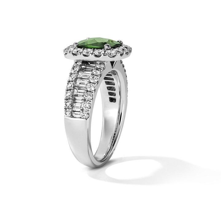 One of a Kind Green Tourmaline Cushion Engagement Ring (1.67tw) In Solid 14K White Gold
