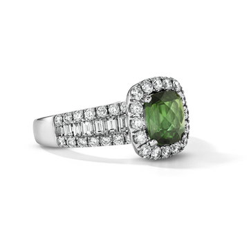 One of a Kind Green Tourmaline Cushion Engagement Ring (1.67tw) In Solid 14K White Gold