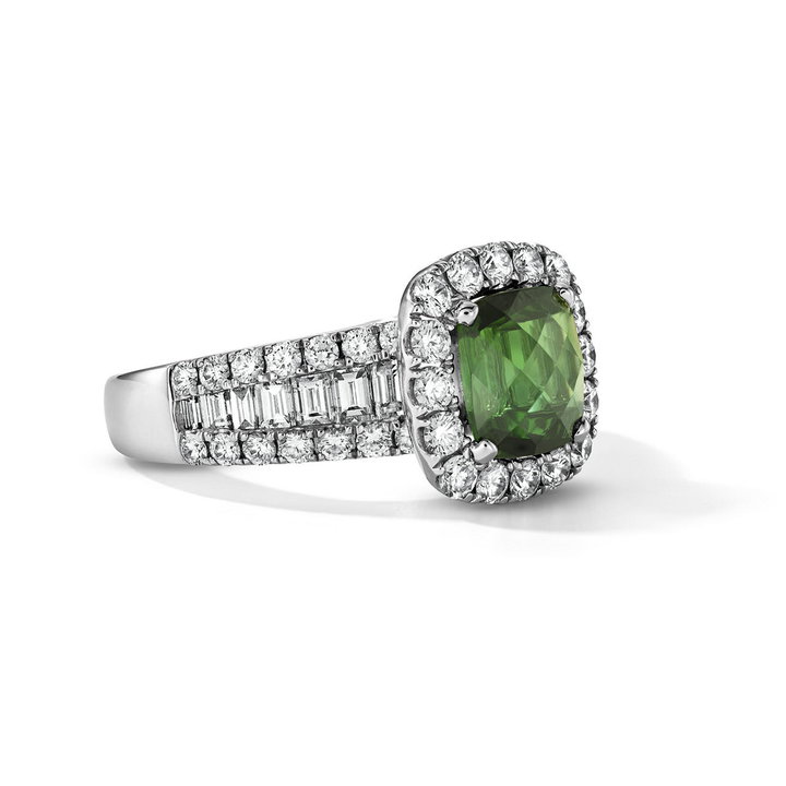 One of a Kind Green Tourmaline Cushion Engagement Ring (1.67tw) In Solid 14K White Gold
