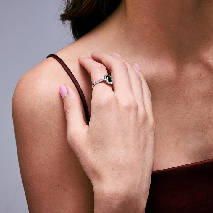 One of a Kind Oval Green Tourmaline Engagement Ring (1.22tw) In Solid 14K White Gold