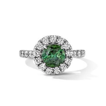 One of a Kind Round Green Tourmaline Engagement Ring (1.04tw) In White Gold 14K