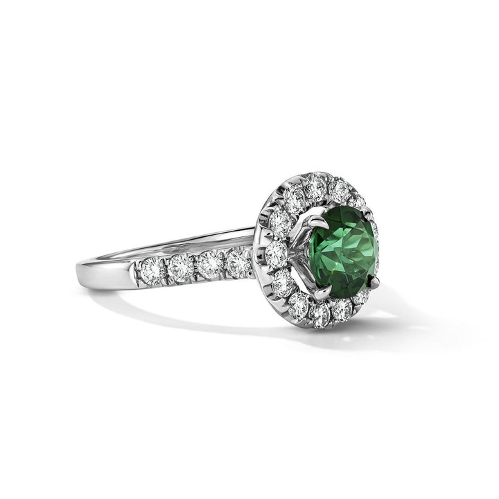 One of a Kind Round Green Tourmaline Engagement Ring (1.04tw) In Solid 14K White Gold