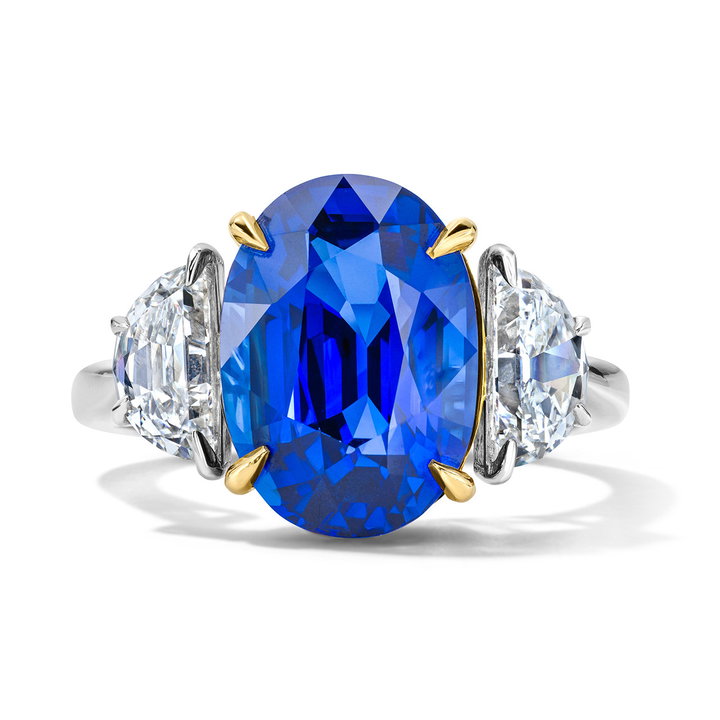Blue Sapphire Three Stone Engagement Ring (6.01tw) In Yellow Gold/platinum 18K