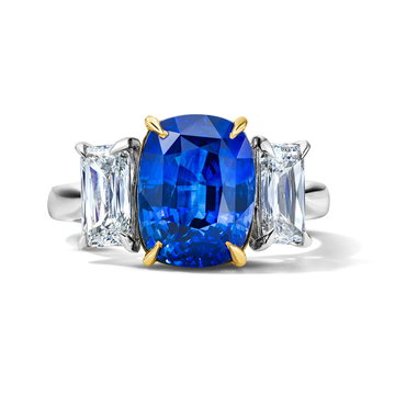 Blue Sapphire Three Stone Engagement Ring (5.12tw) In Yellow Gold/platinum 18K