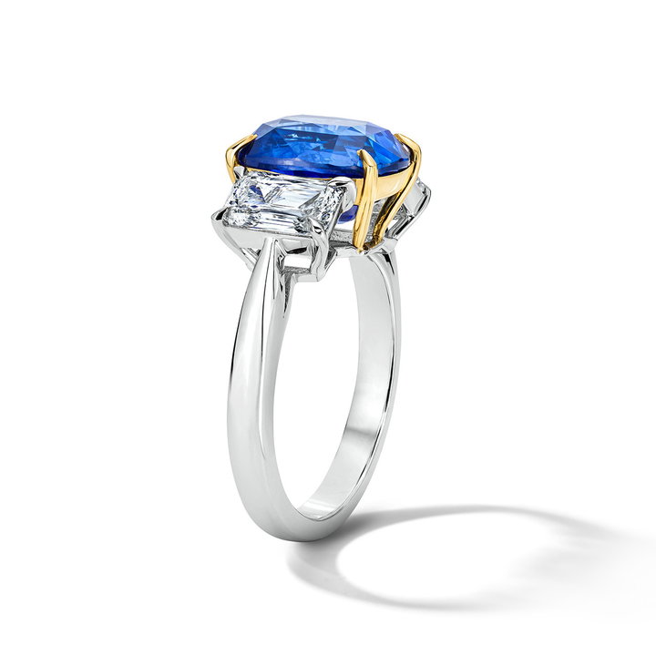 Blue Sapphire Three Stone Engagement Ring (5.12tw) In Yellow Gold/platinum 18K