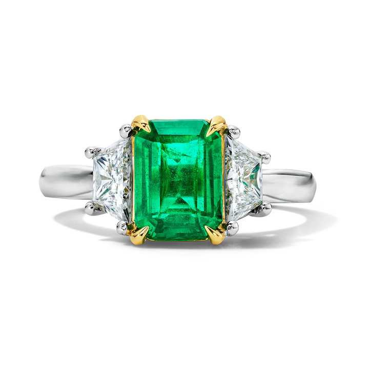 Green Emerald Three Stone Engagement Ring (1.62tw) In Solid 18K Yellow Gold/platinum