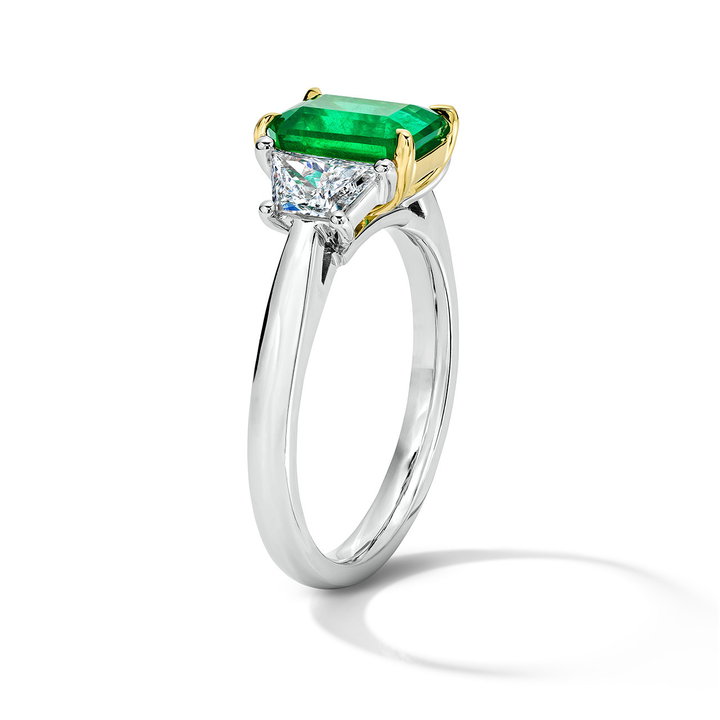 Green Emerald Three Stone Engagement Ring (1.62tw) In Solid 18K Yellow Gold/platinum