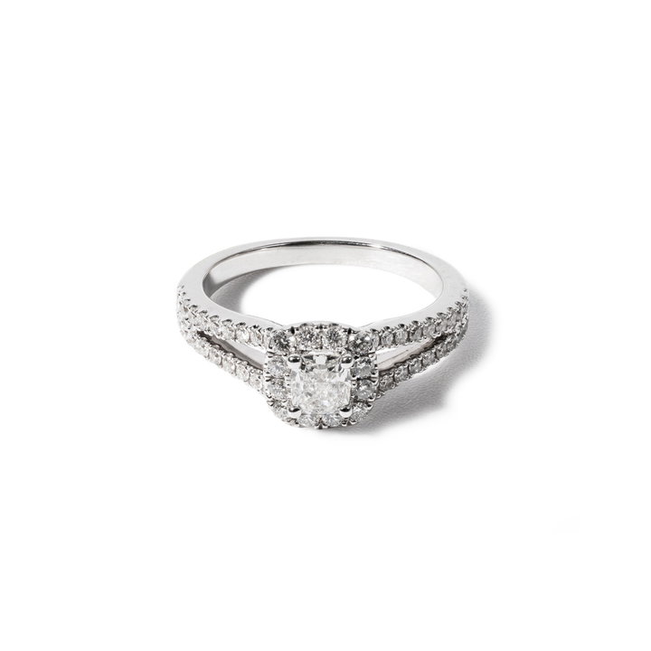 Cushion Diamond Halo Split Engagement Ring In White Gold 14K