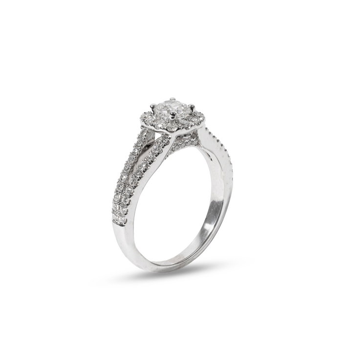 Cushion Diamond Halo Split Engagement Ring In White Gold 14K