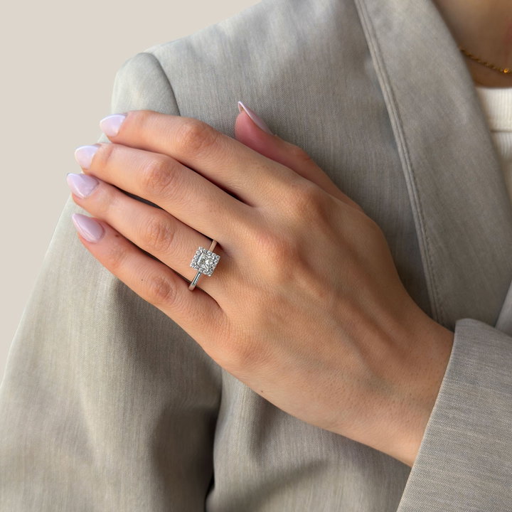 Princess Halo Diamond Engagement Ring In Solid 14K White Gold
