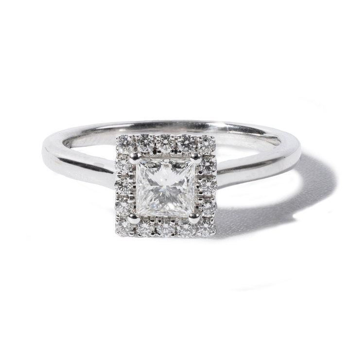 Princess Halo Diamond Engagement Ring In Solid 14K White Gold