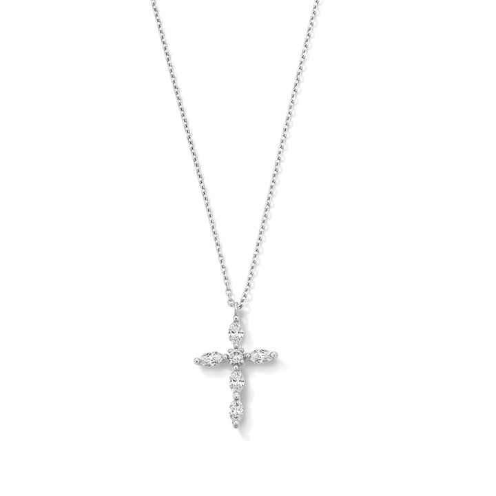 Marquise and Round Diamond Cross Necklace In White Gold 14K