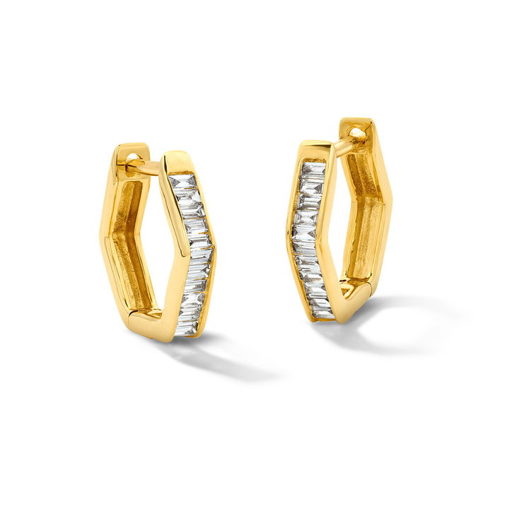 Baguette Diamond Hexagon Huggie Earrings In Yellow Gold 14K