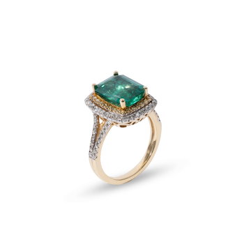 Green Emerald Double Halo Diamond Ring In Yellow Gold 14K