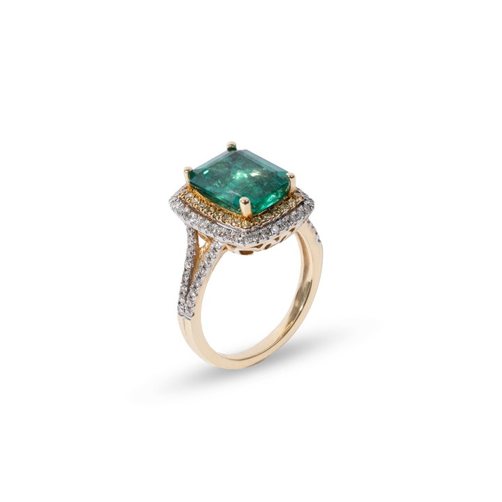 Green Emerald Double Halo Diamond Ring In Yellow Gold 14K